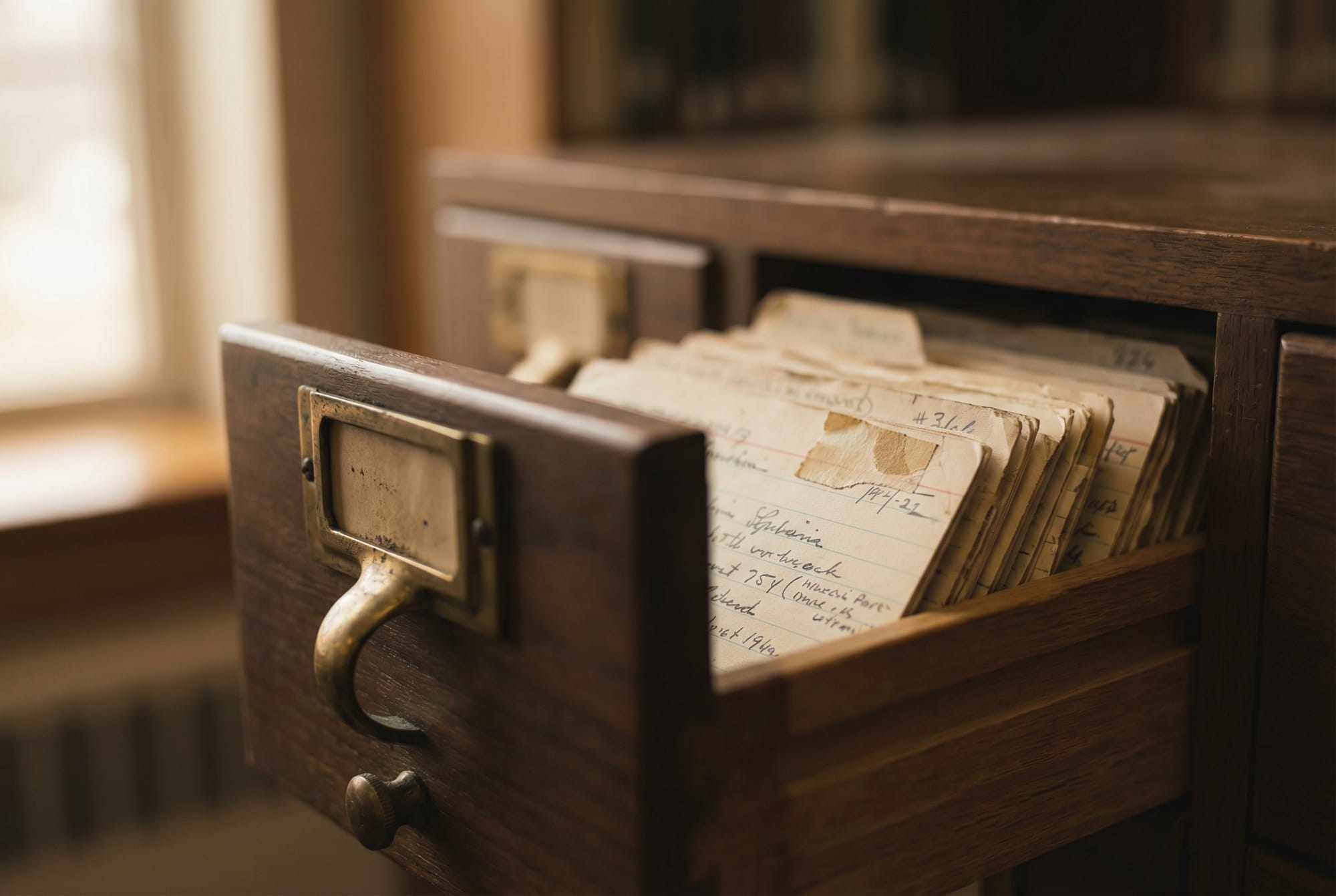 Open library card catalog drawer with annotated index cards
