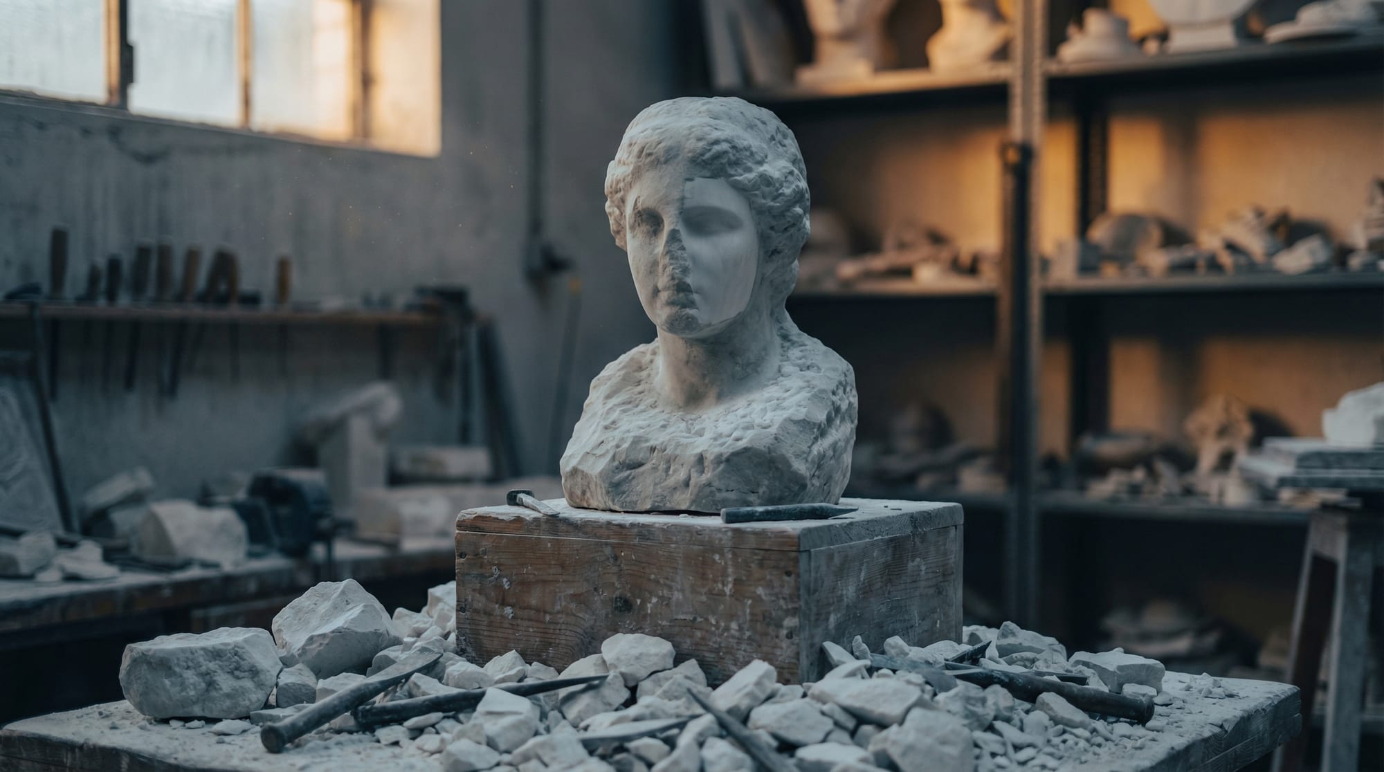 Sculptor's workshop with fresh rubble from removed marble details