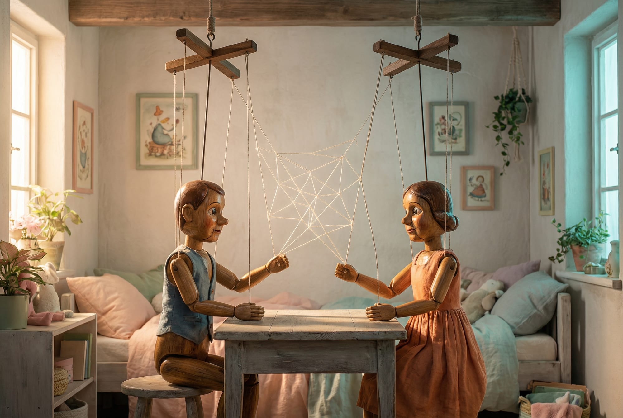 Two marionettes controlling each other's strings across a table