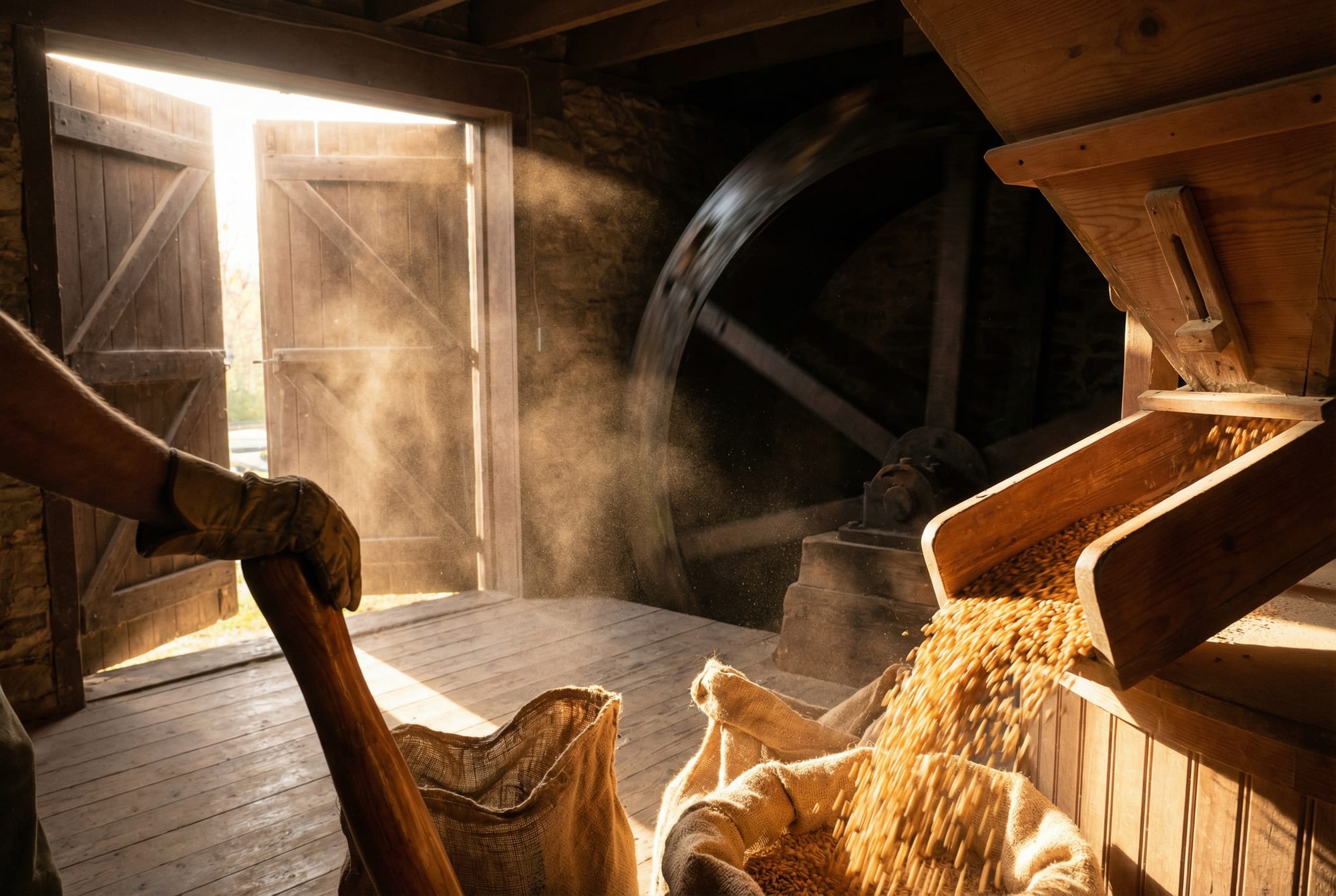 Mill waterwheel and falling grain in golden hour light