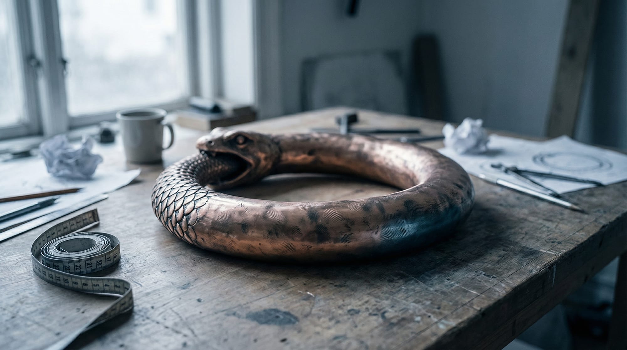 Bronze ouroboros on cluttered workbench with drafting tools