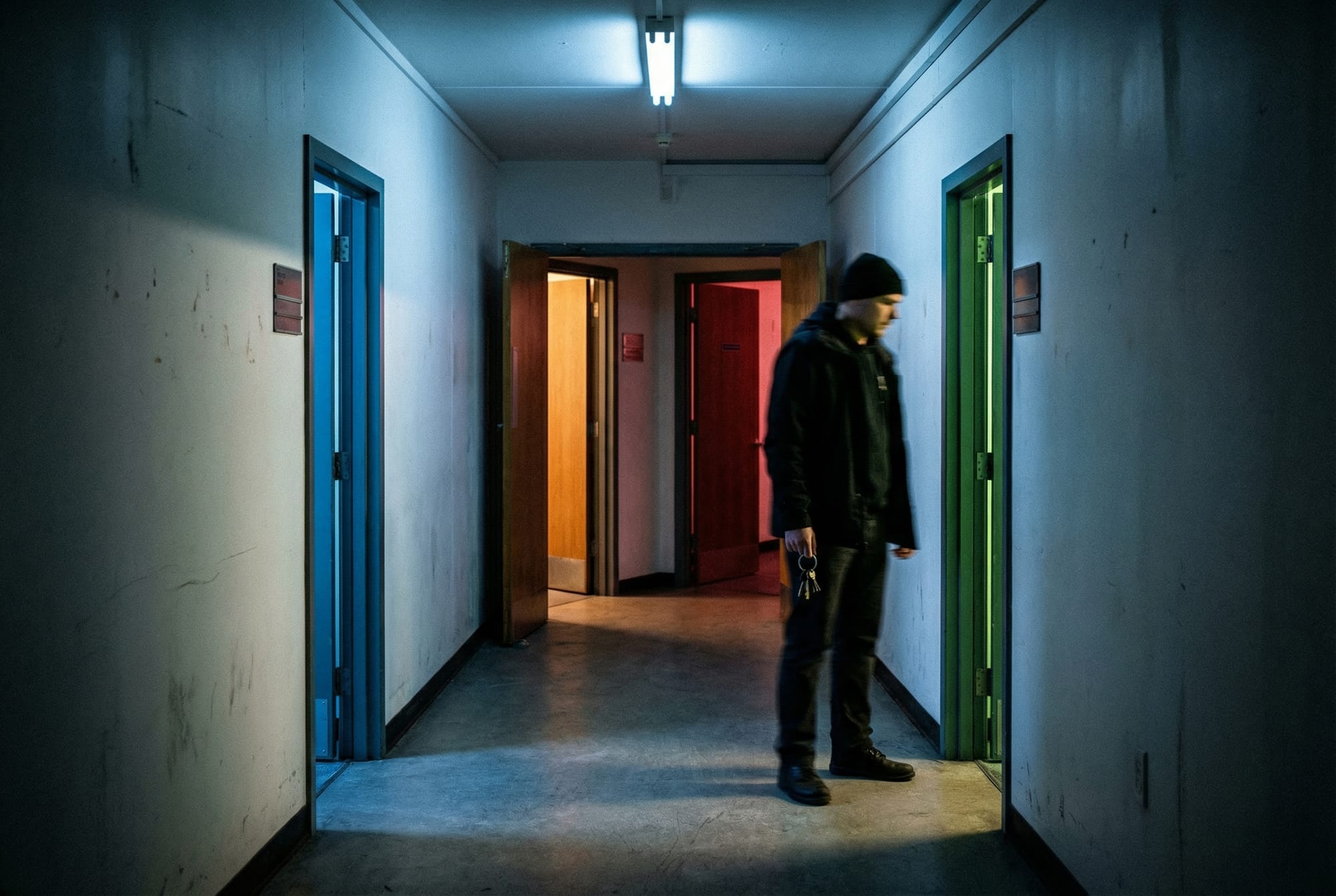 Figure at fourth door in corridor of colored thresholds