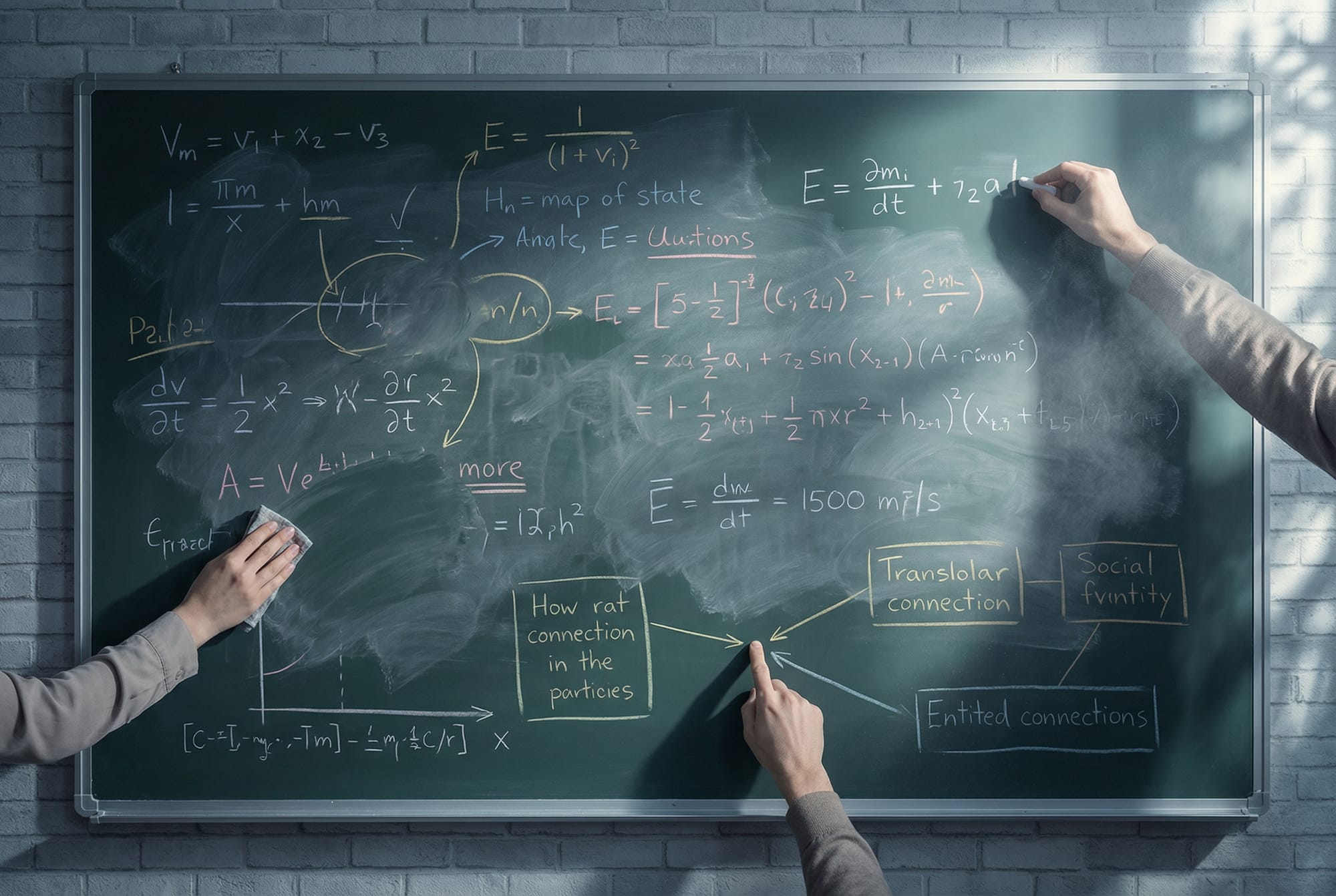 Multiple hands collaborating on shared chalkboard
