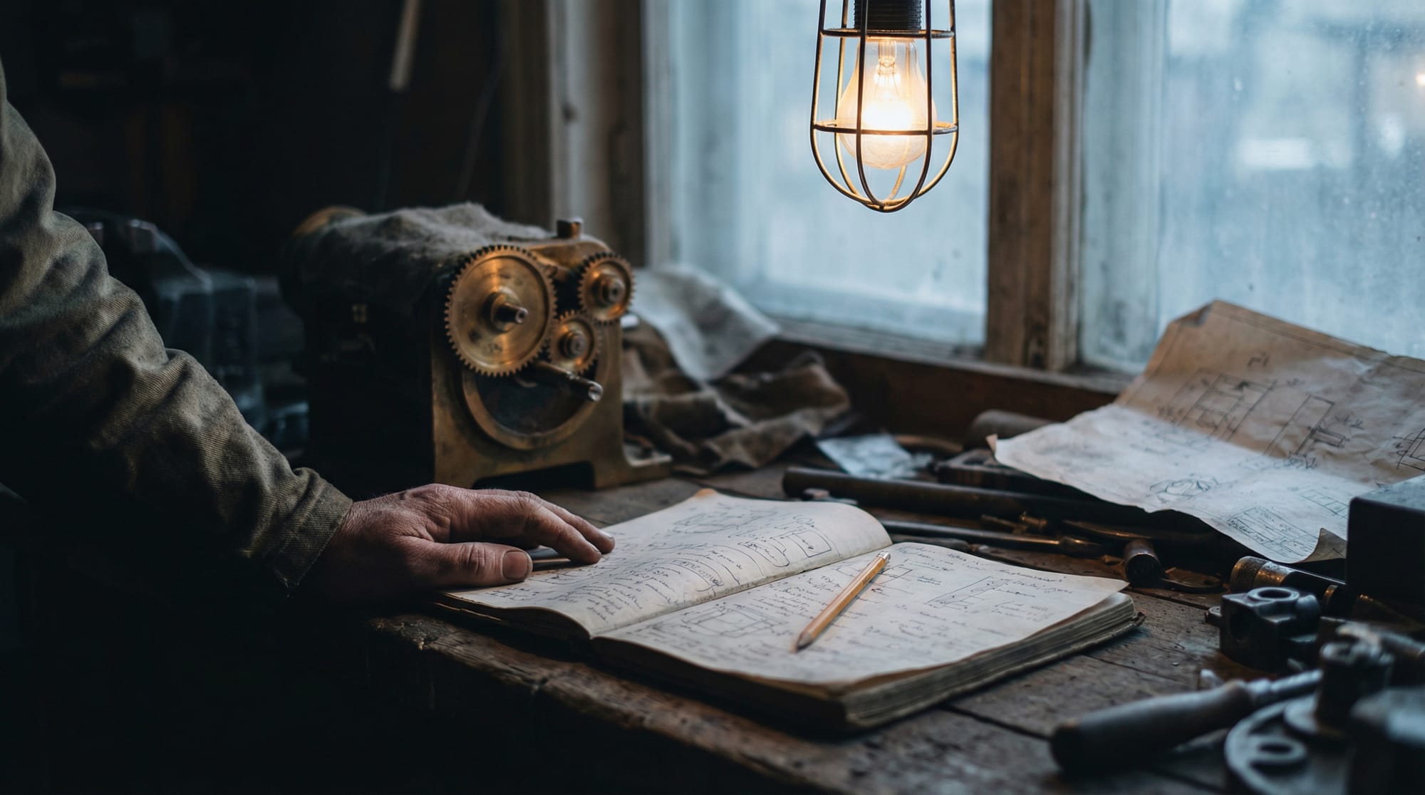 Workbench with notebook in focus, finished machine in shadow