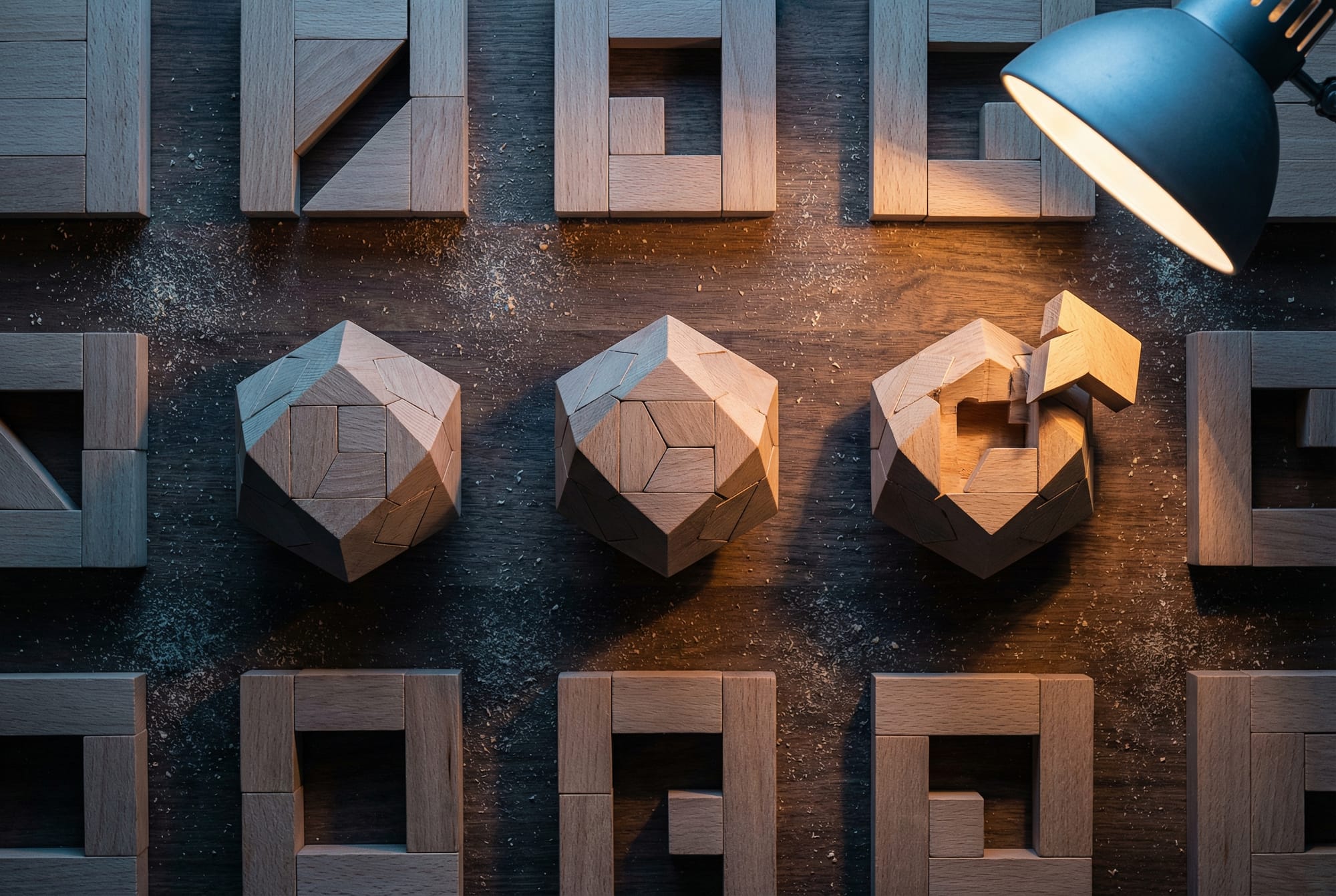 Puzzle pieces with gaps on dusty workbench