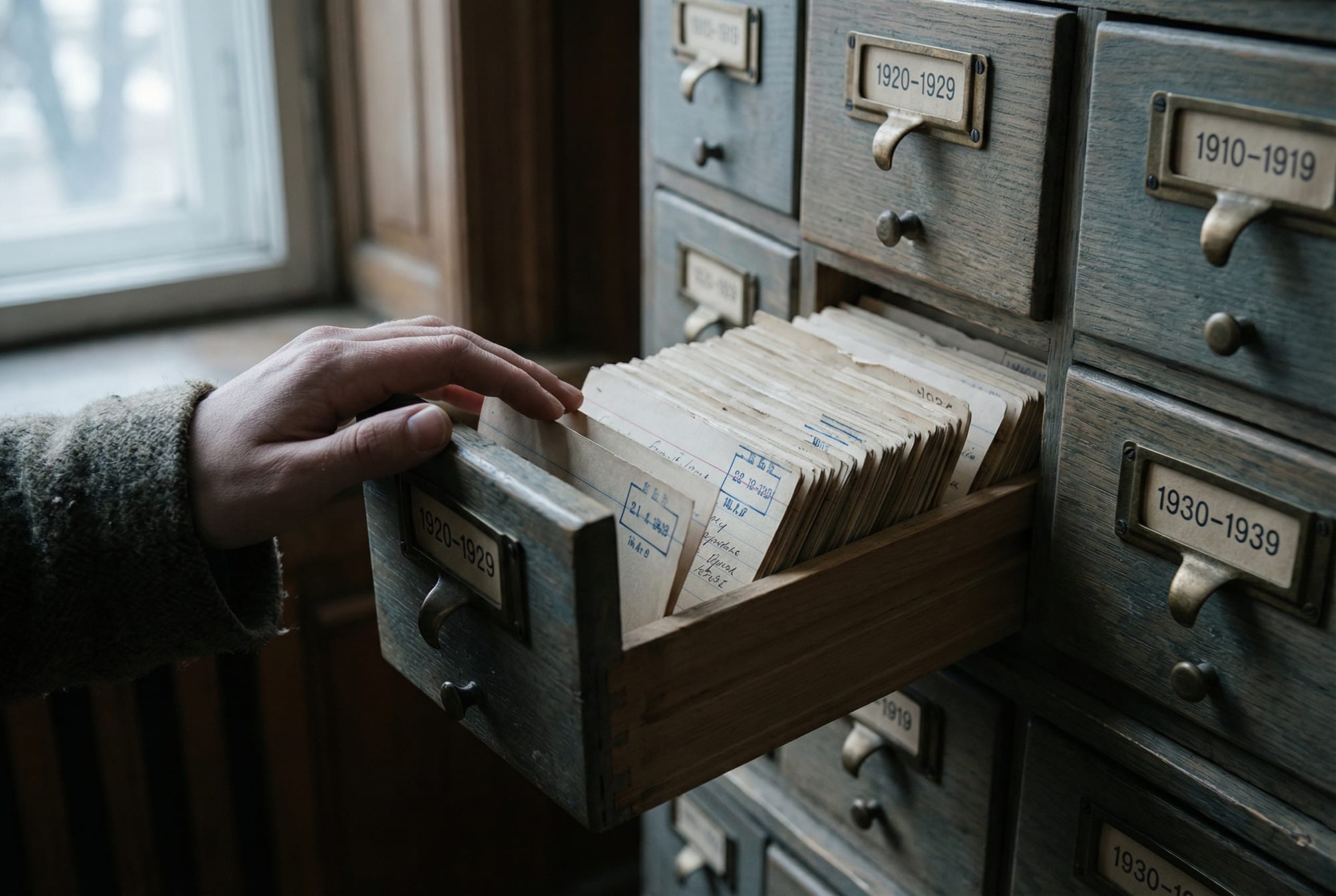 Card catalog drawer with dated index cards