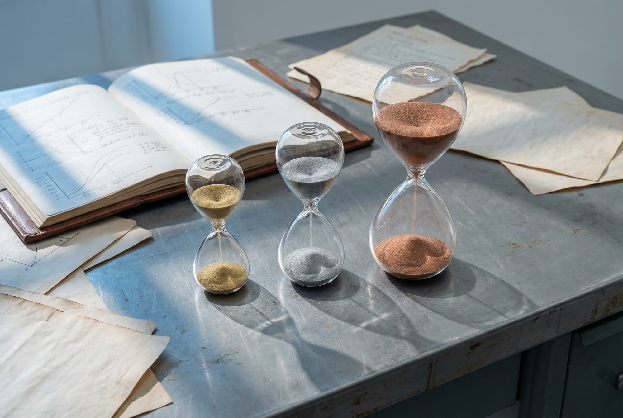 Three hourglasses with different colored sand on a desk