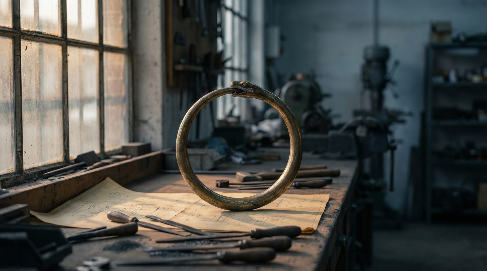 Brass ouroboros on a workshop bench with tools
