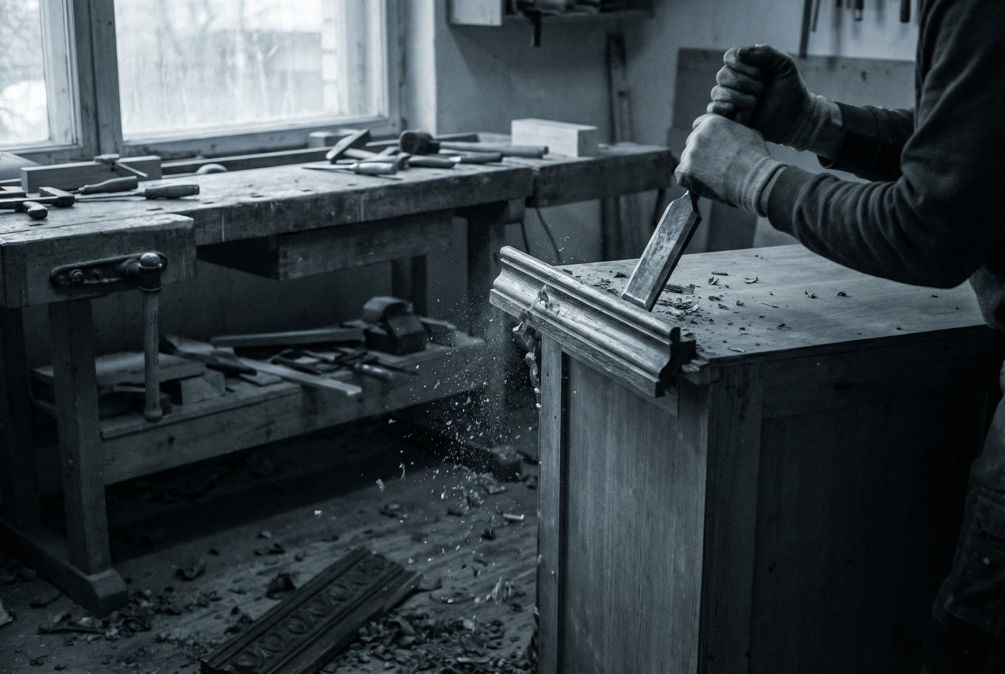 Chisel removing ornate molding from cabinet