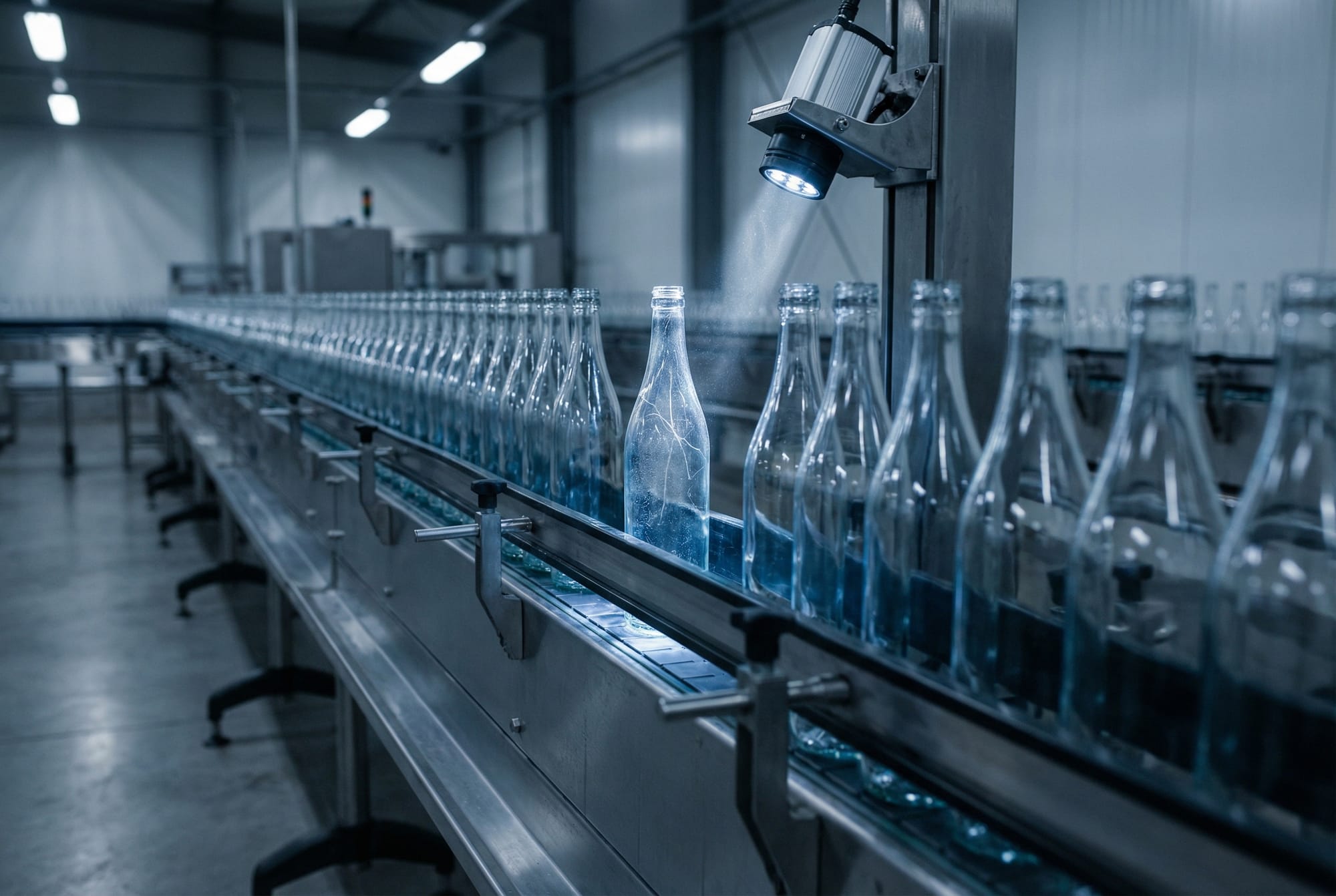 Inspection light revealing bottle flaws on conveyor
