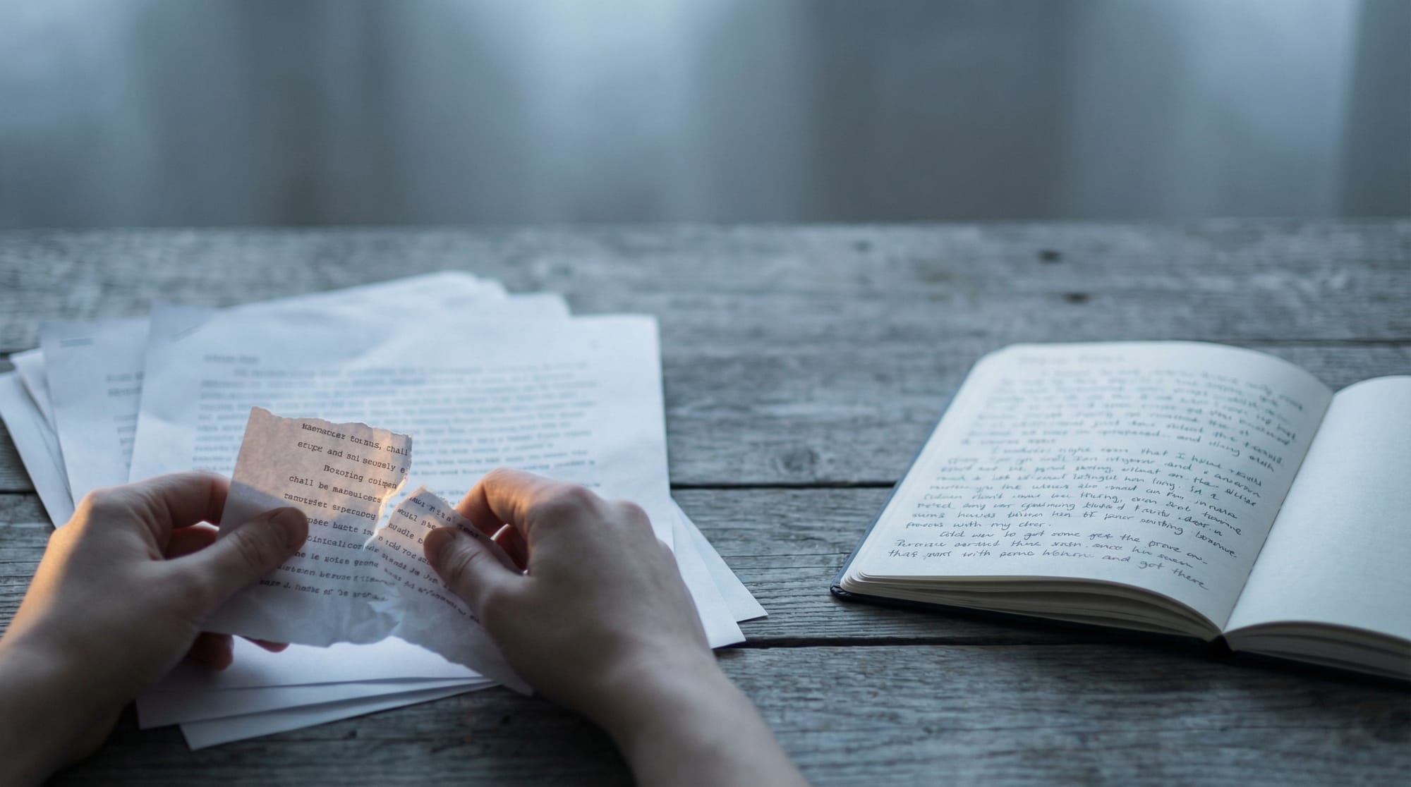Hands tearing formal drafts on sunlit desk