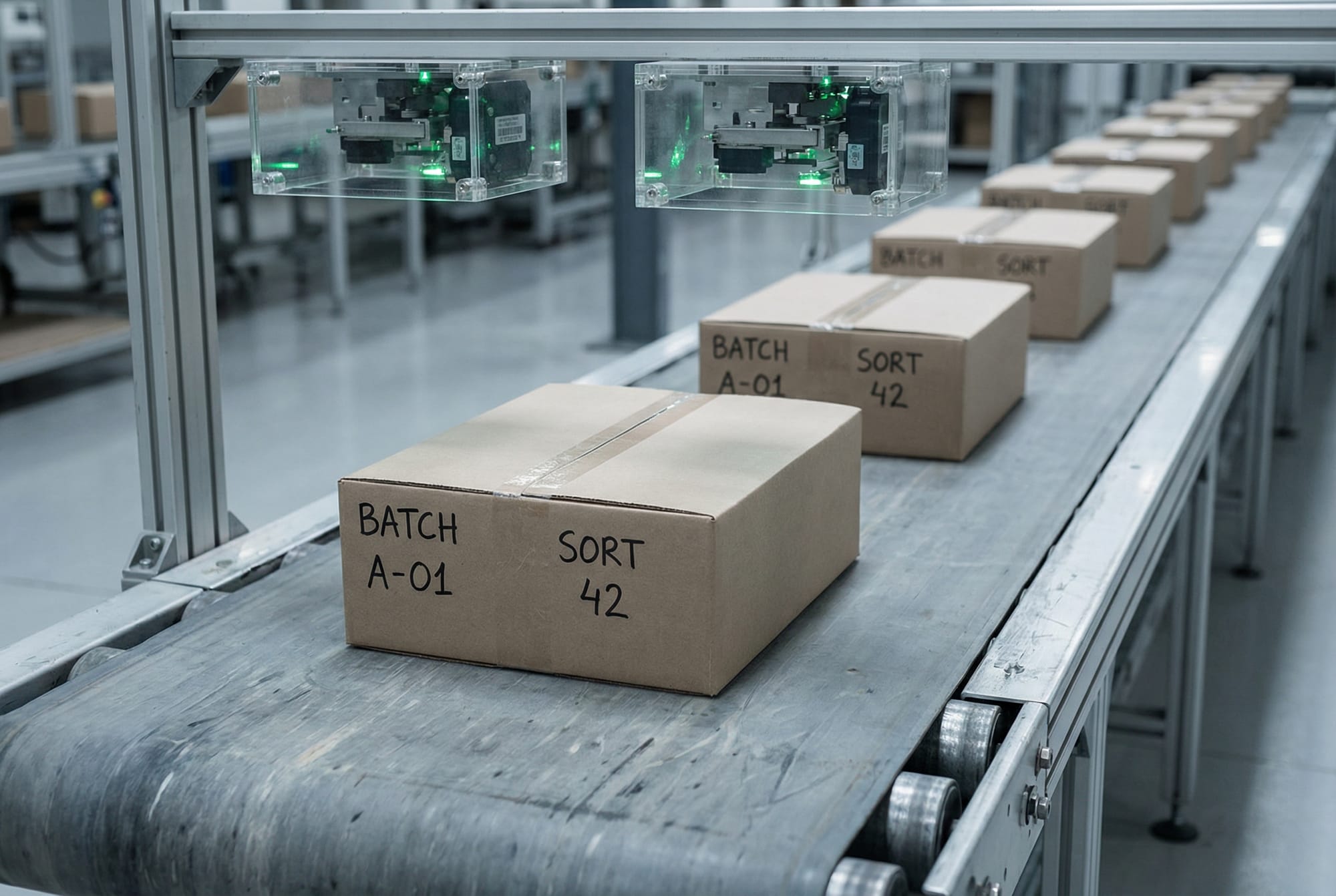 Conveyor belt sorting labeled boxes under scanner light