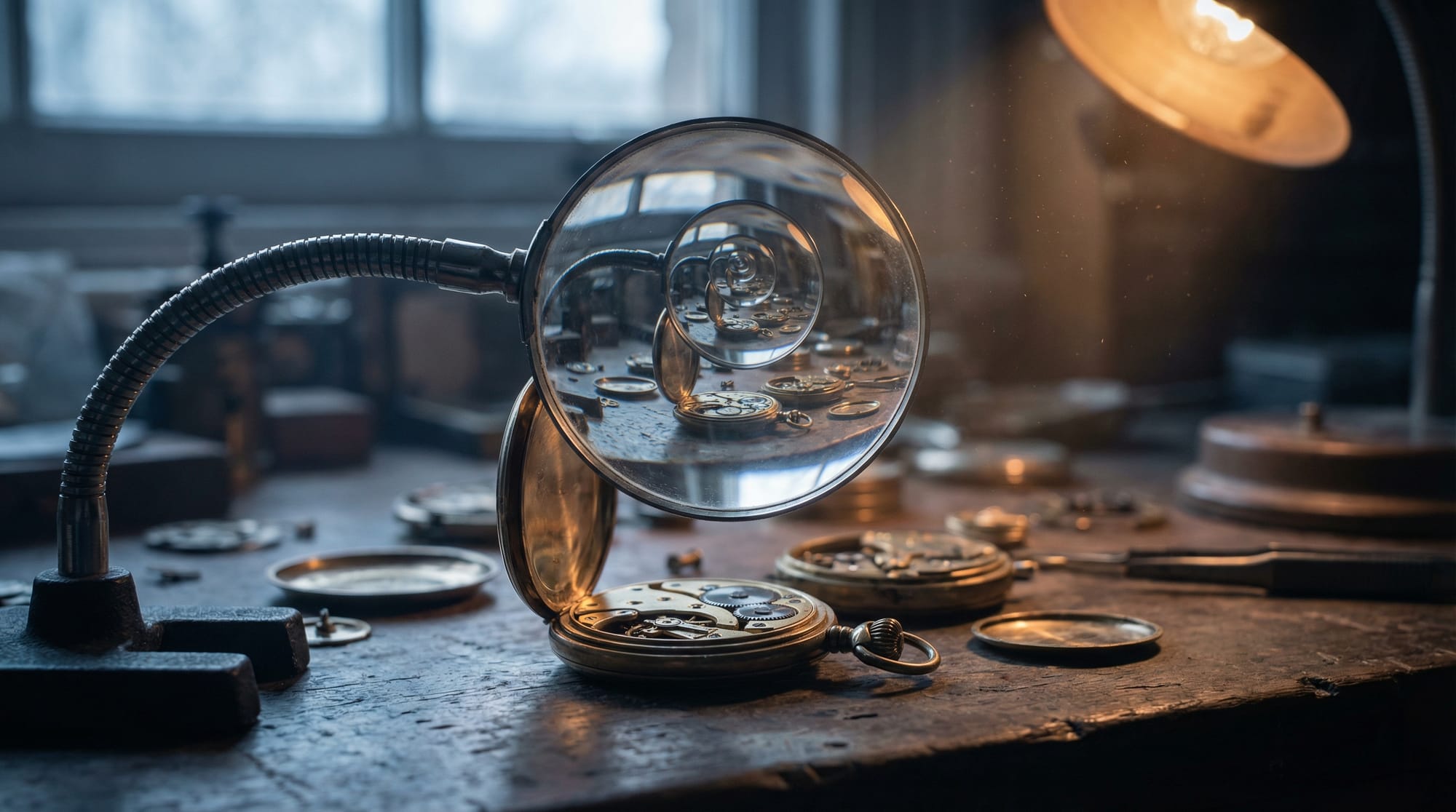 Magnifying lens reflecting watch gears in infinite regress