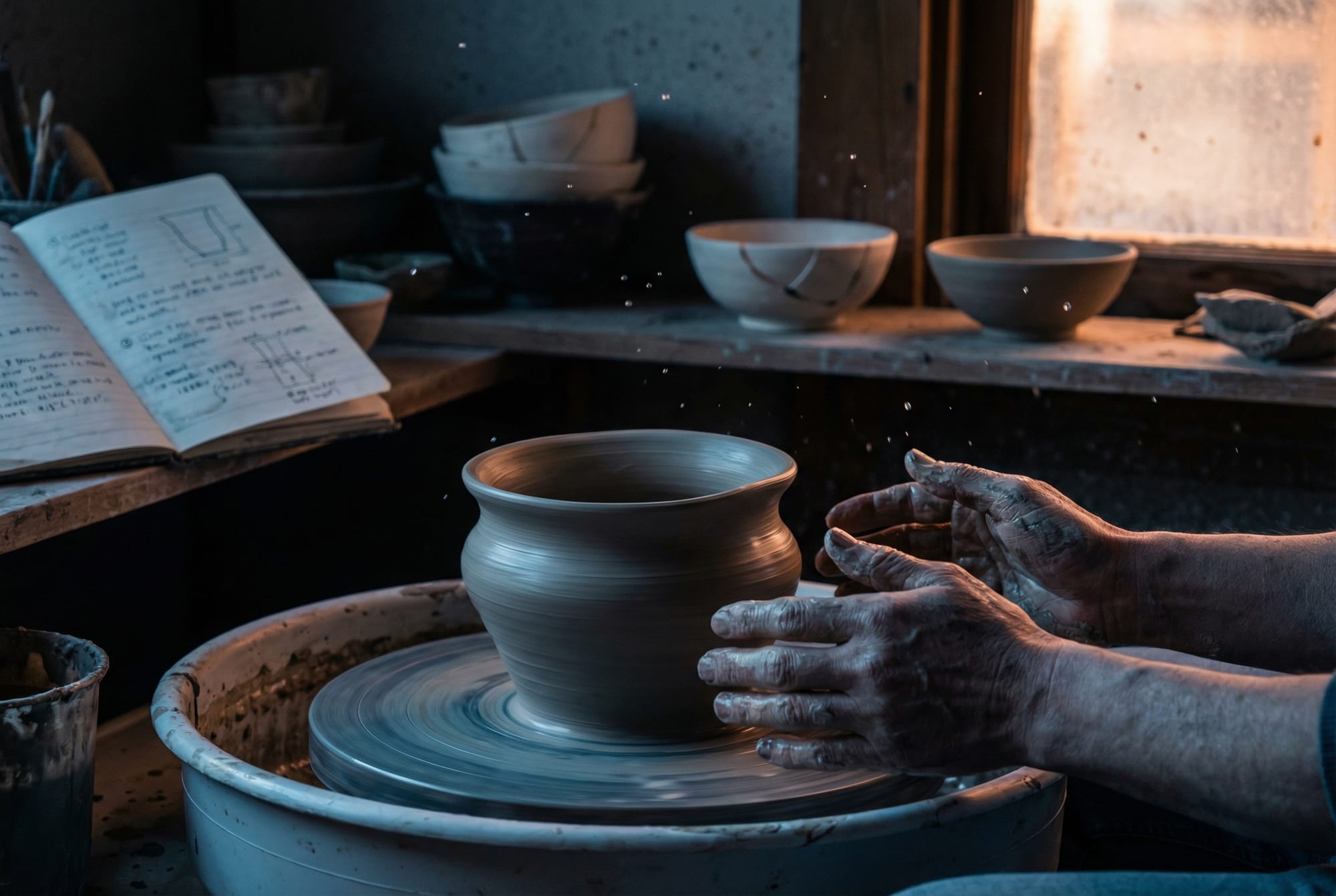 Clay vessel spinning dangerously thin on potter's wheel