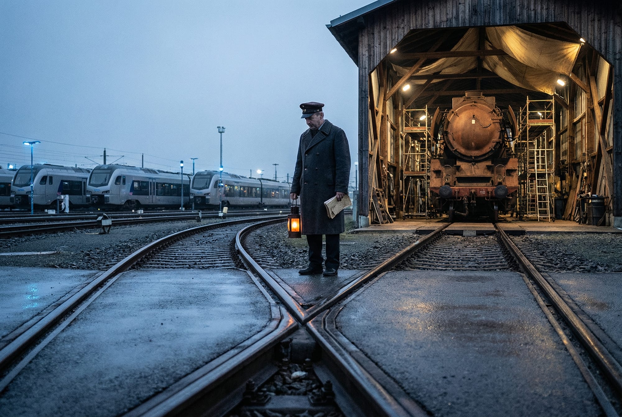 Railway switching yard with modern and vintage tracks diverging