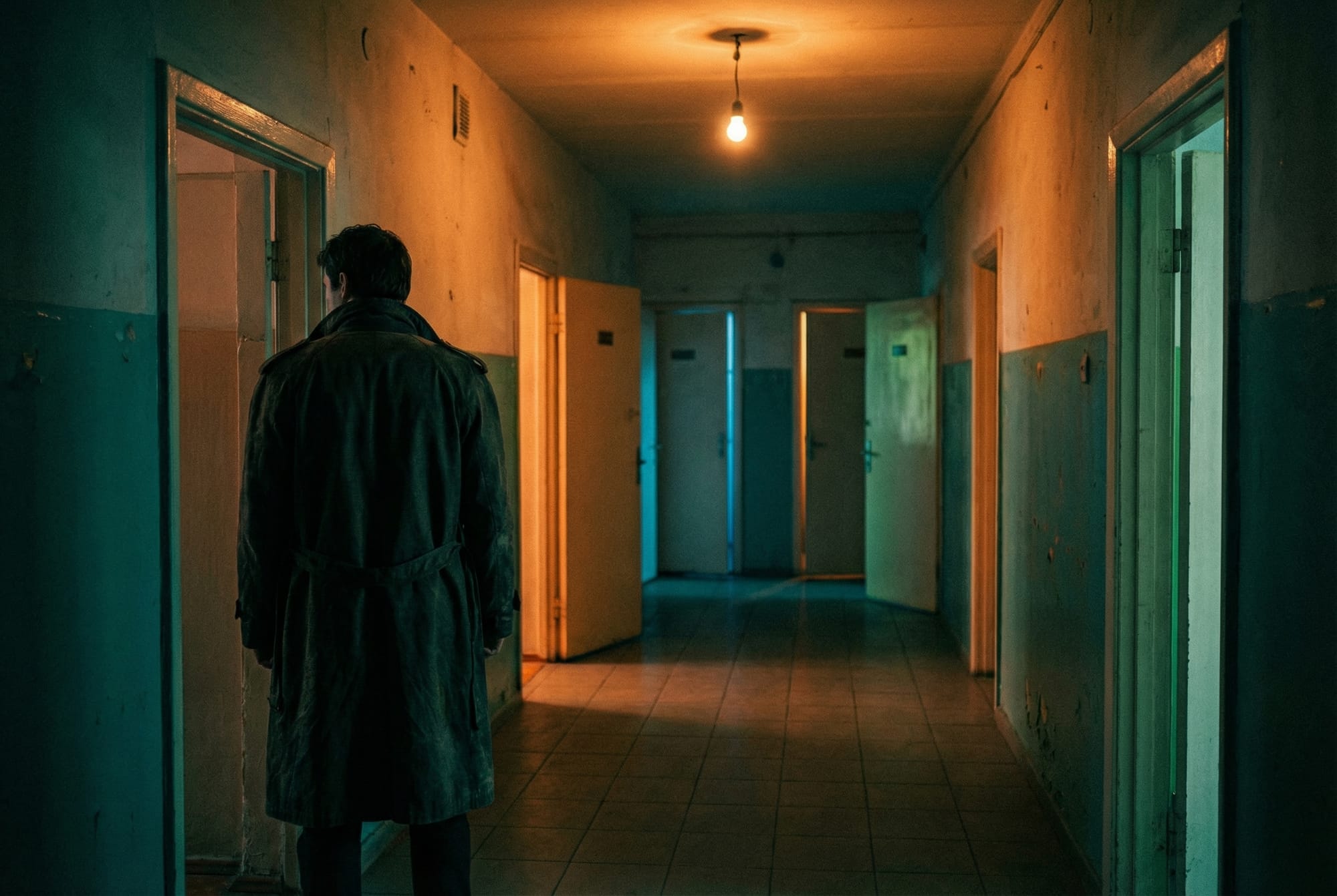 Hallway with multiple doors showing colored light