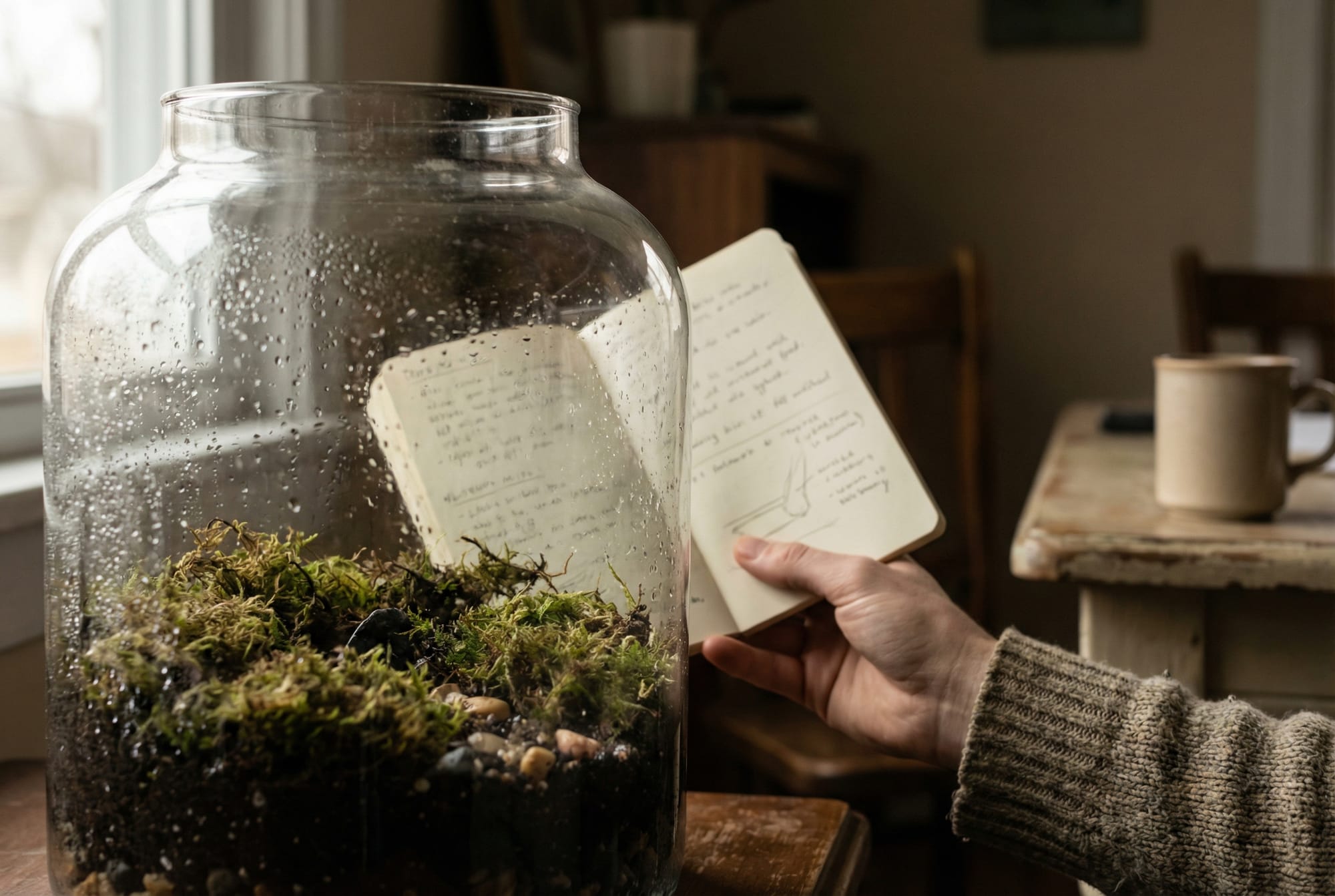 Glass terrarium with notebook held beside it