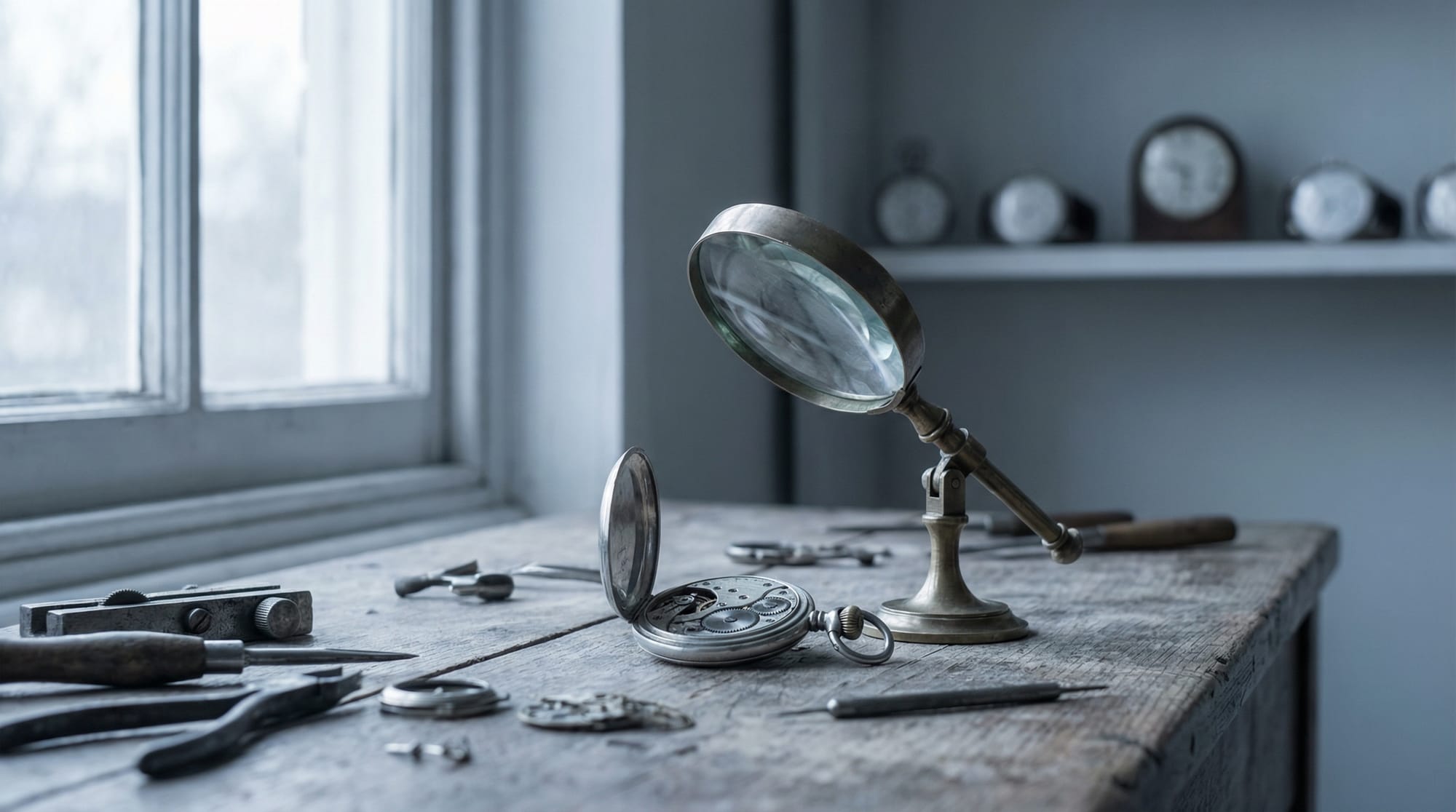 Open pocket watch on workbench under magnifying glass