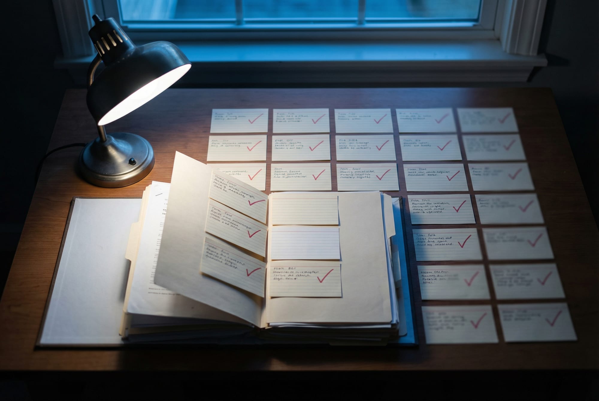 Index cards spread on a desk, each checked, center card blank.