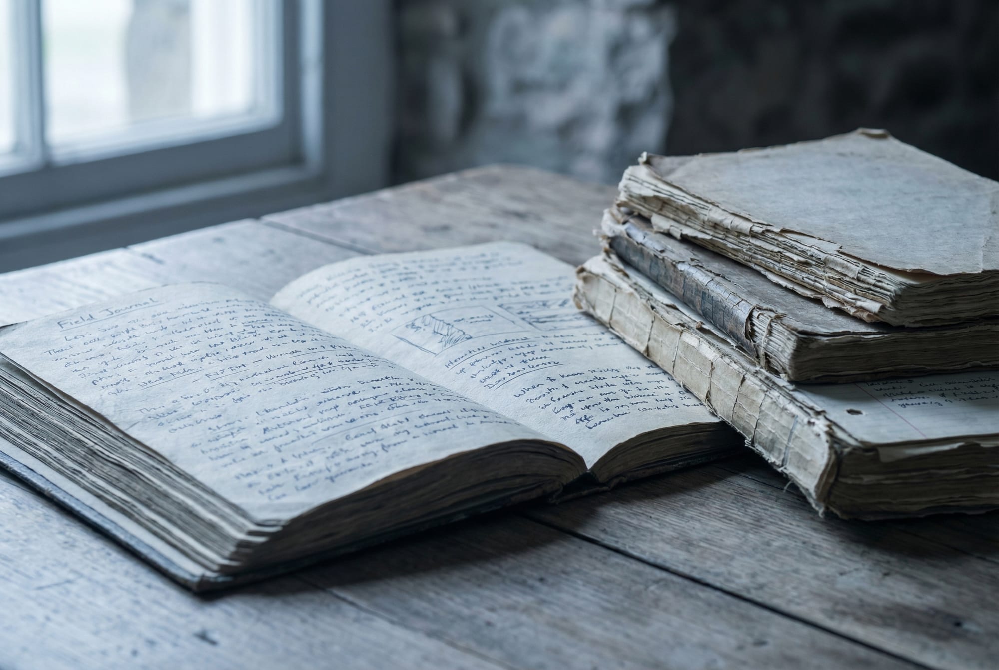 Open journal beside a stack of older notebooks in window light