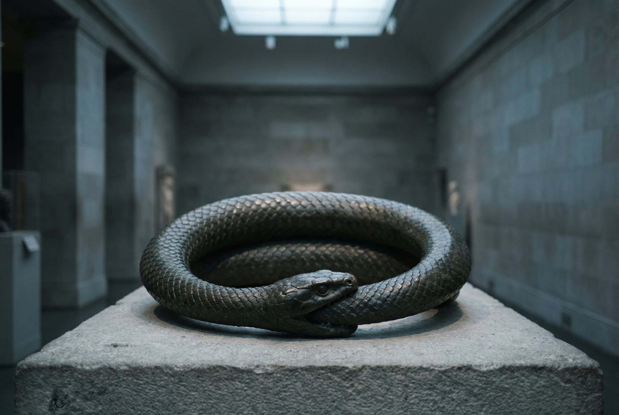 Bronze ouroboros serpent on a stone museum plinth.