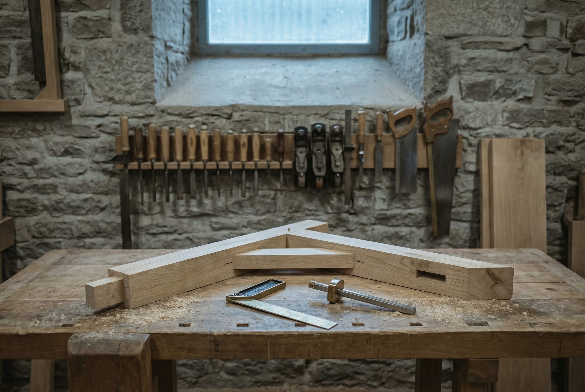Craftsman's workbench with tools arranged around a test mortise joint