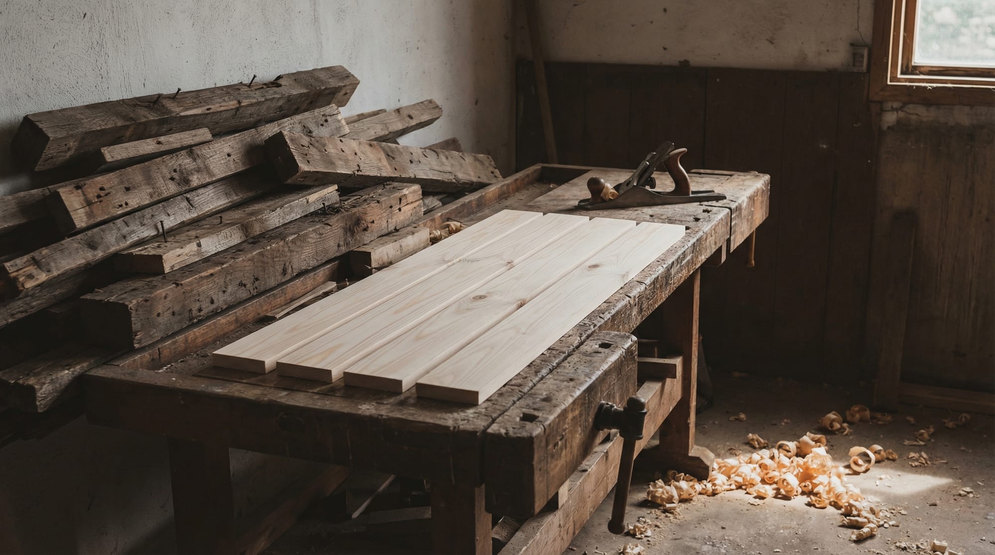Old lumber stacked beside four clean new boards on a workbench.