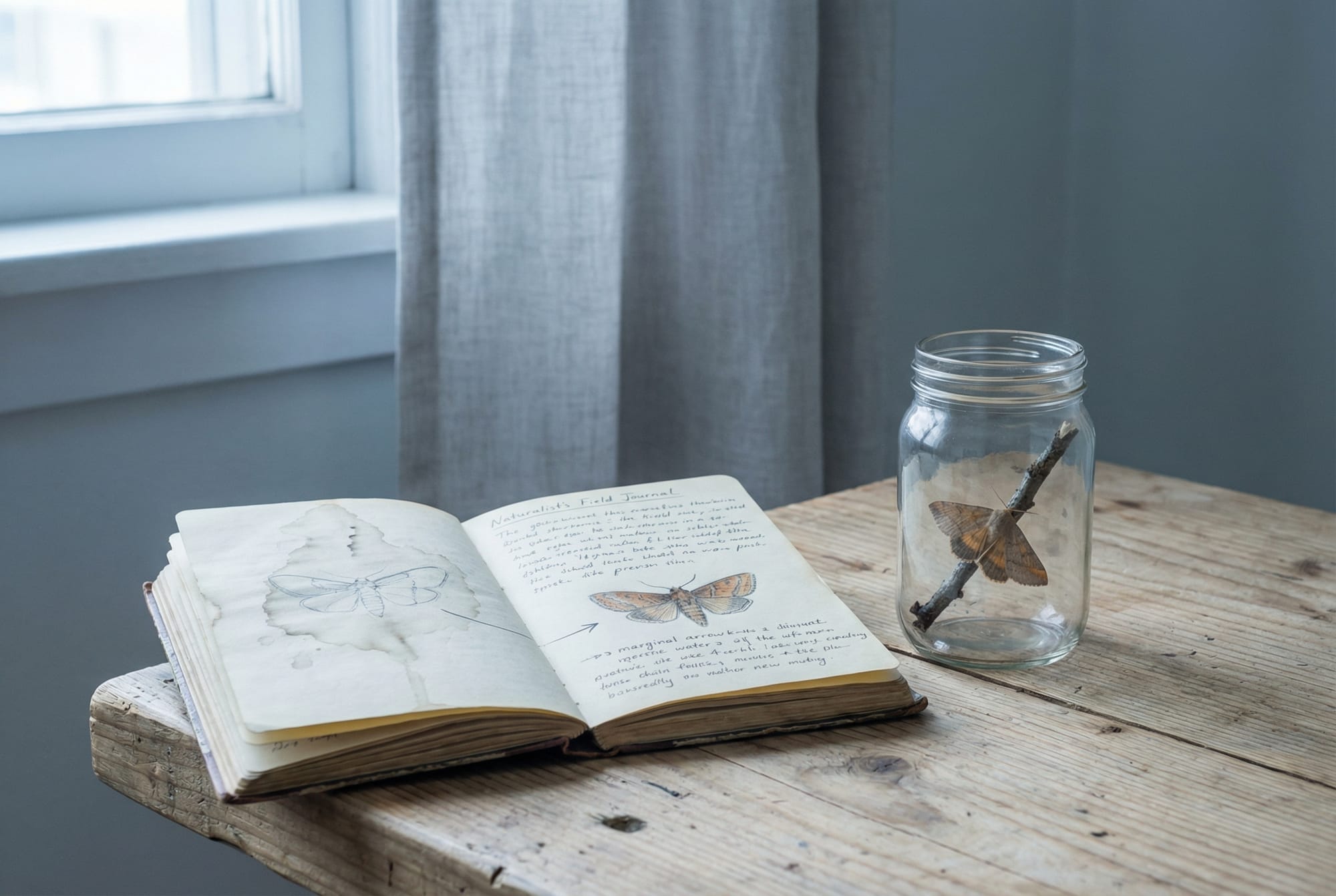 Field journal with moth specimen jar on wooden workbench
