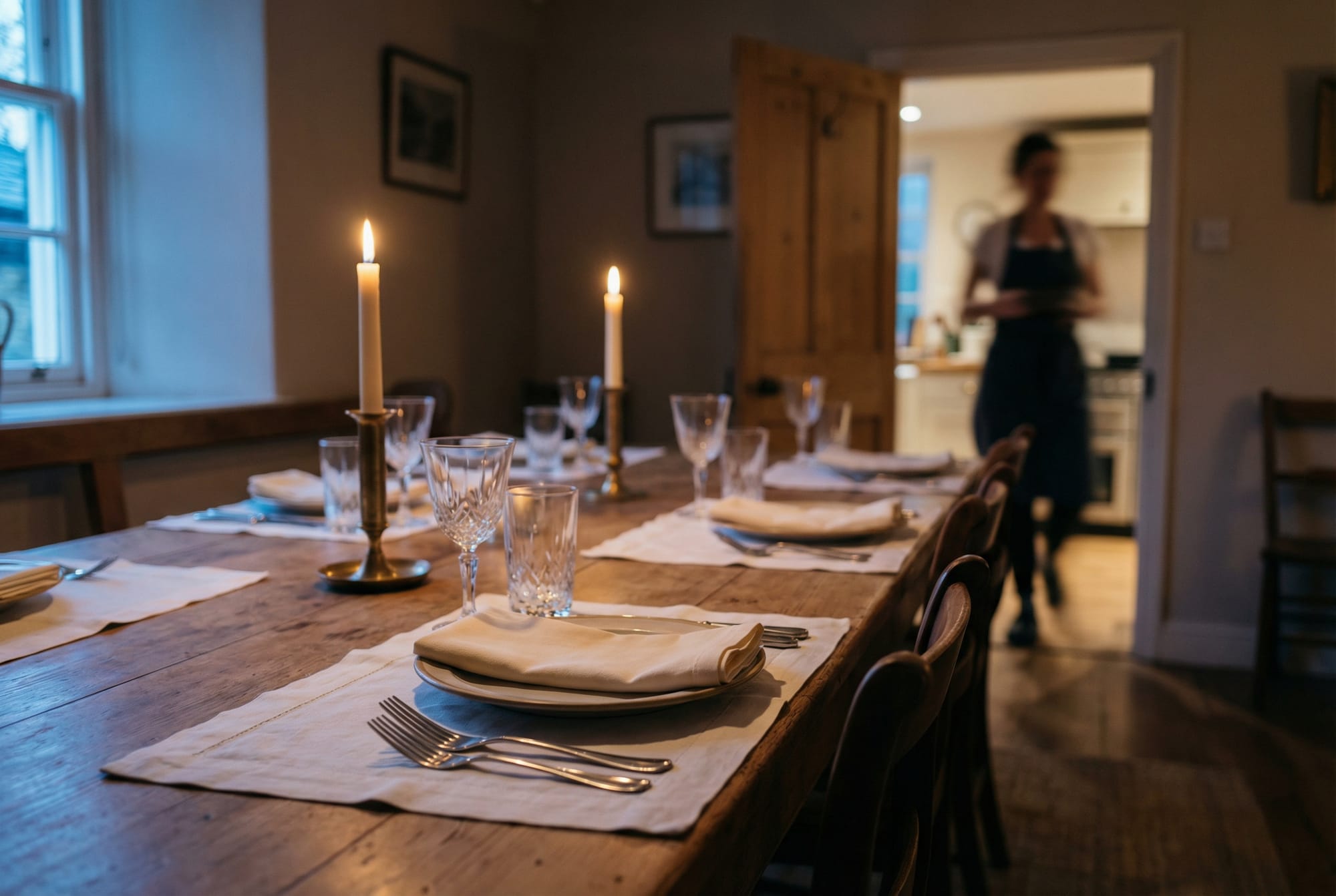 Empty set dining table, candlelit, host blurred through kitchen doorway.