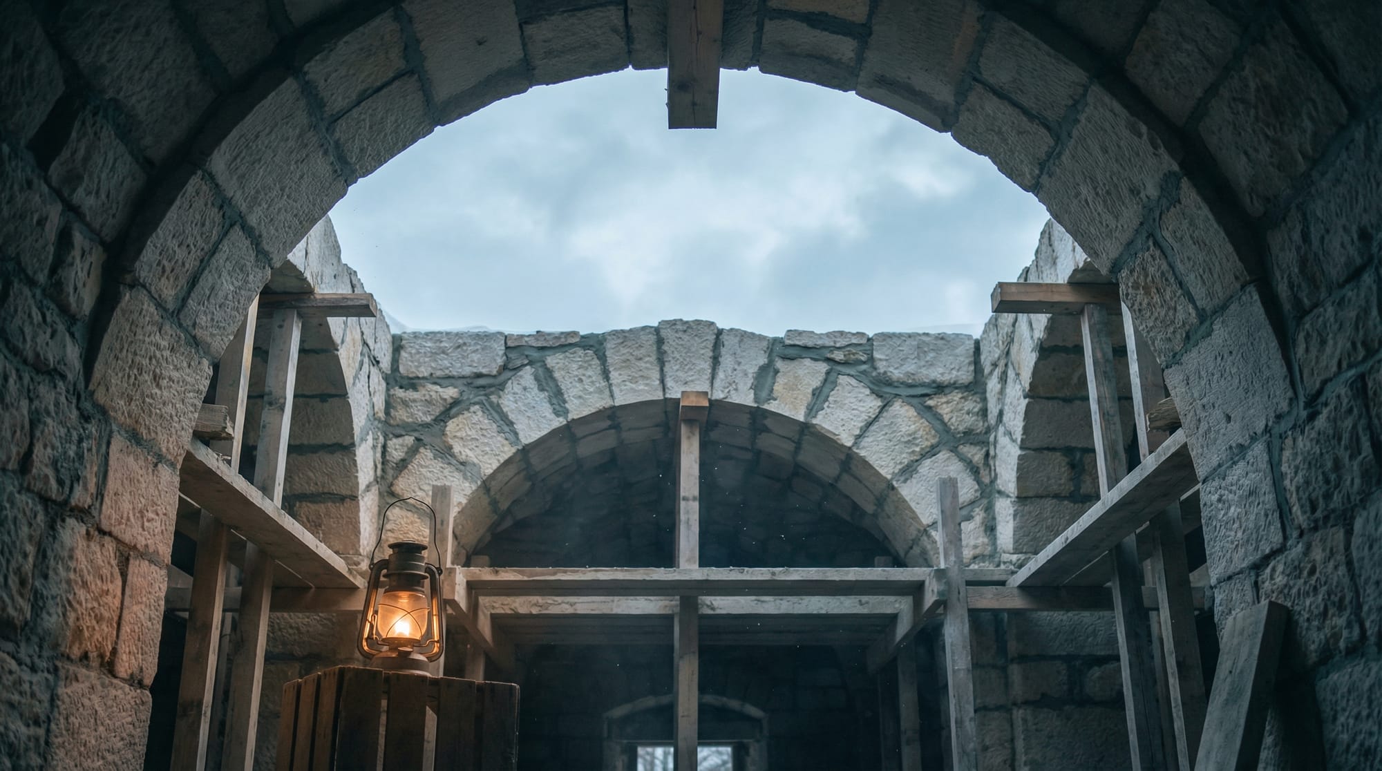 Stone arch under construction, wooden centering visible beneath incomplete voussoirs