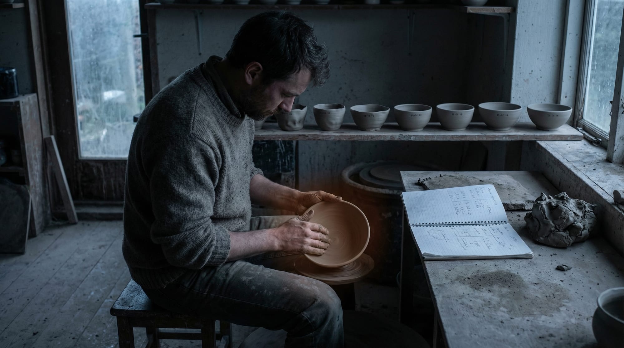 Potter examines bowl beside shelf of progressively refined earlier attempts.