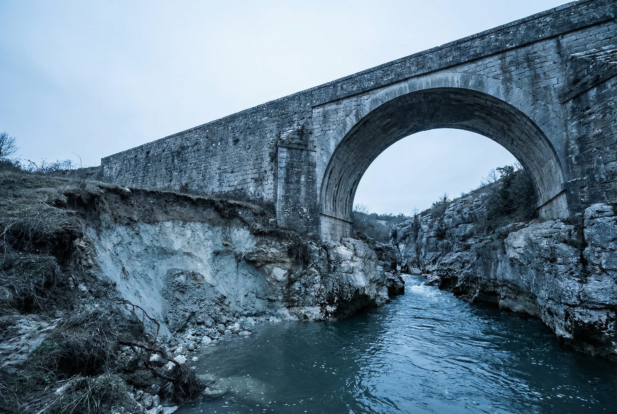Stone arch bridge over gorge with eroded foundation beside it