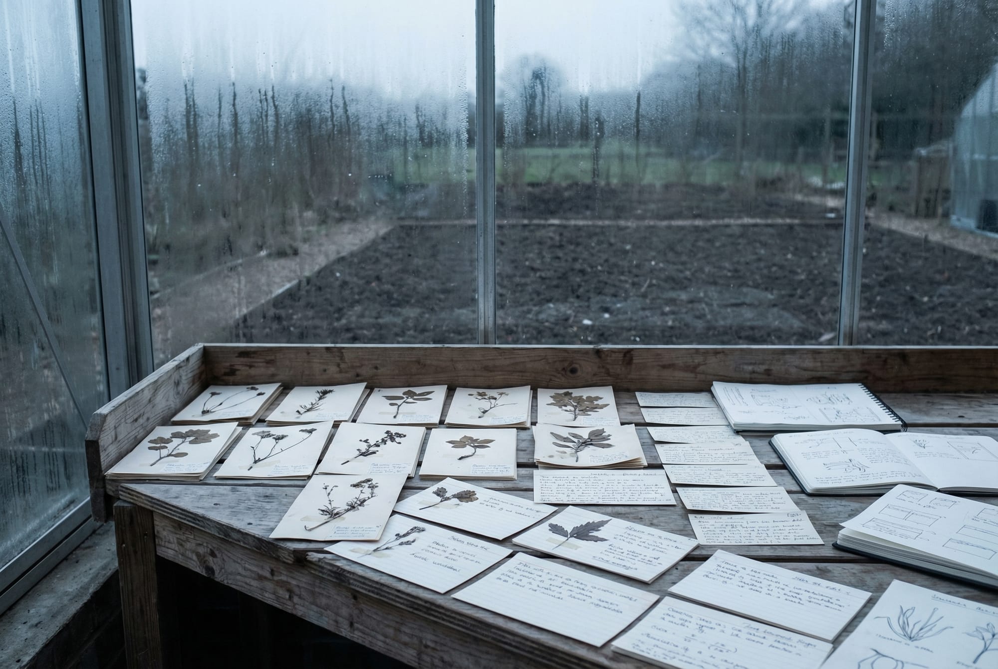 Detailed propagation notes on a bench, empty garden plot beyond