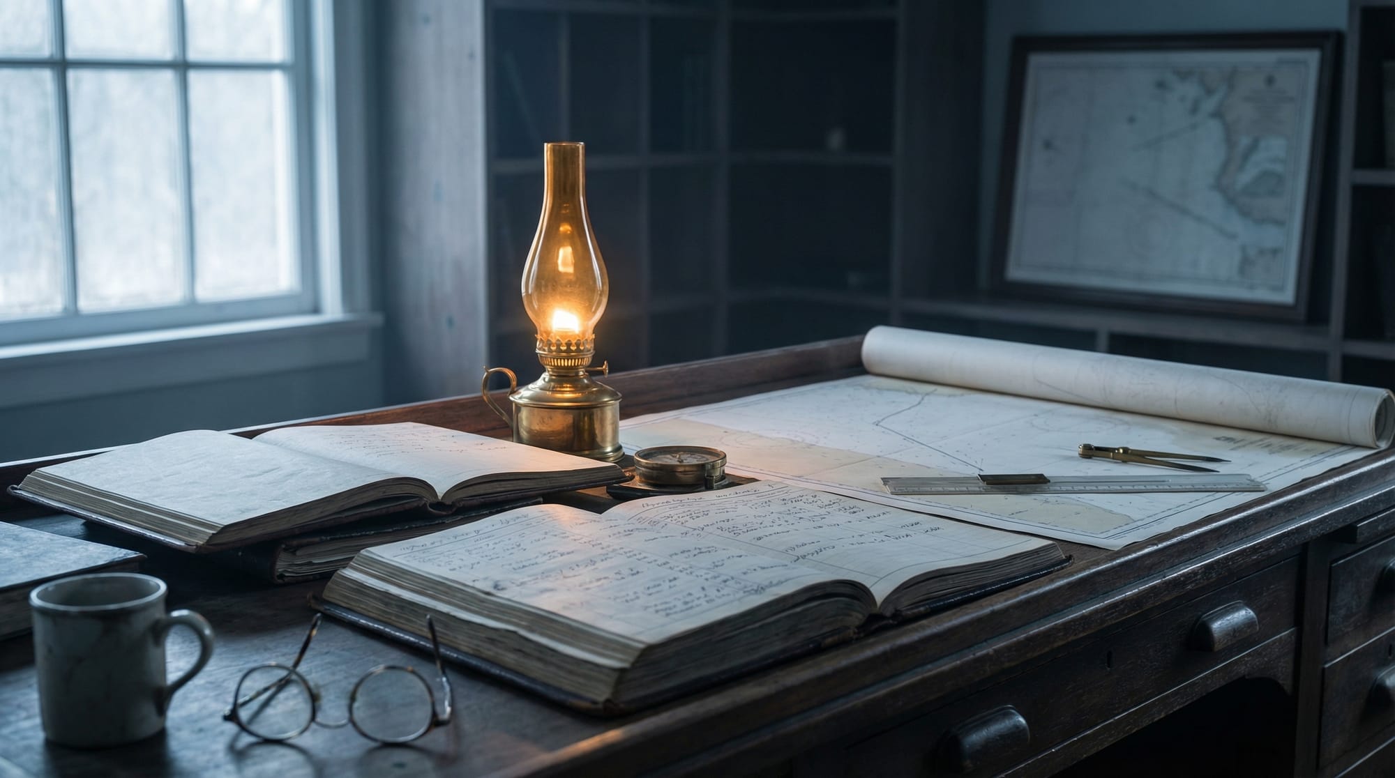 Layered nautical logbooks on a chart table, single brass lamp