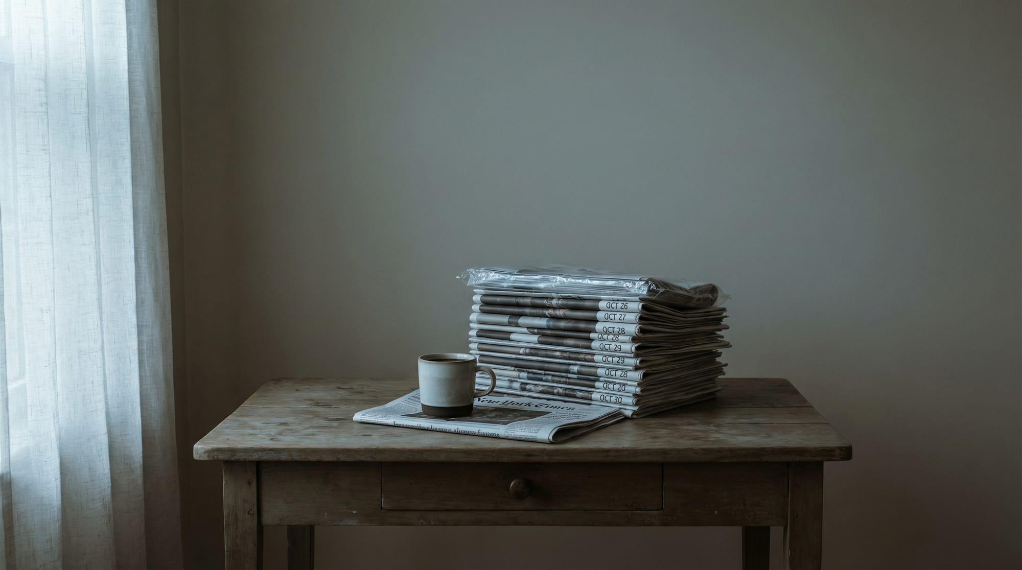 Stack of unread newspapers weighing down a wooden desk