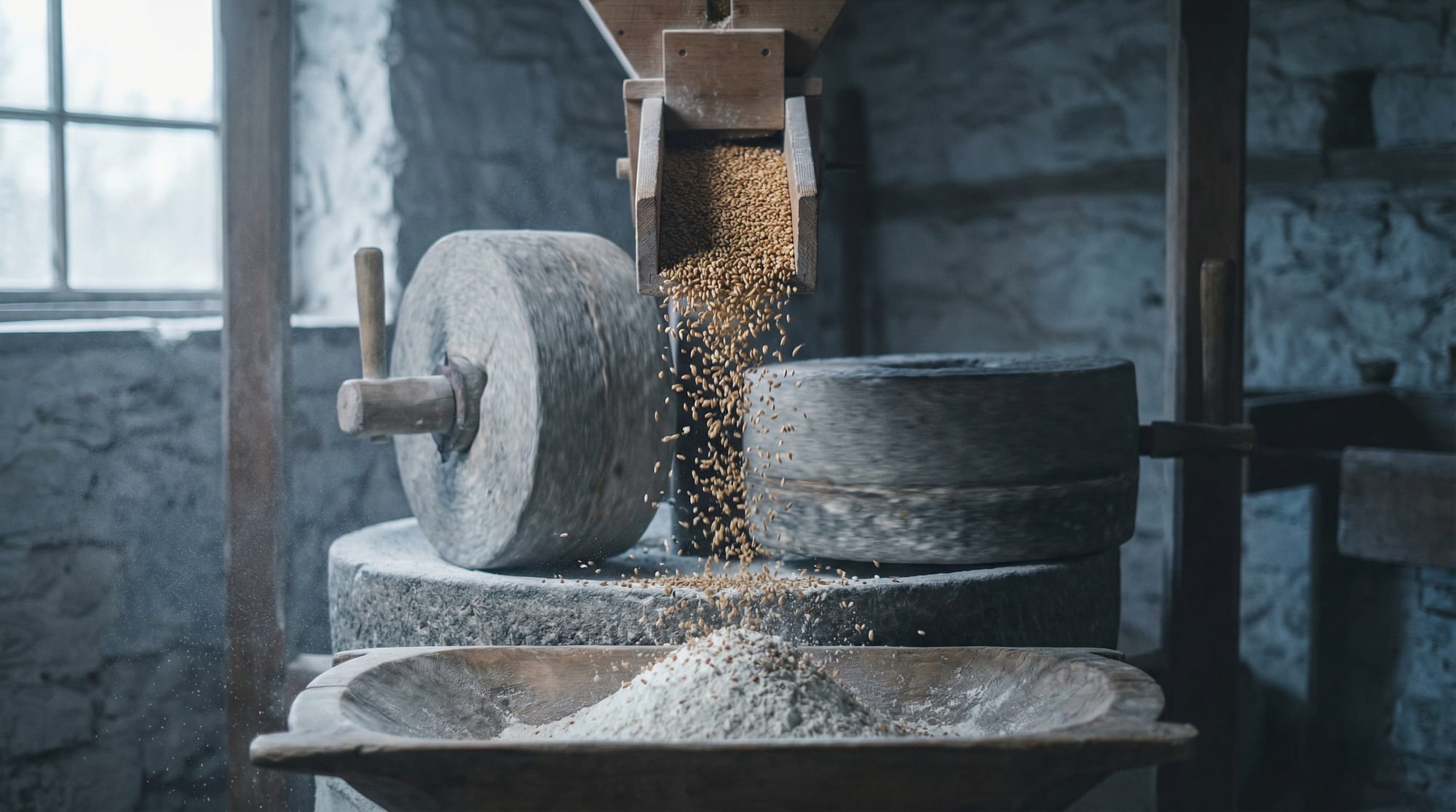 Millstones grinding wheat into flour